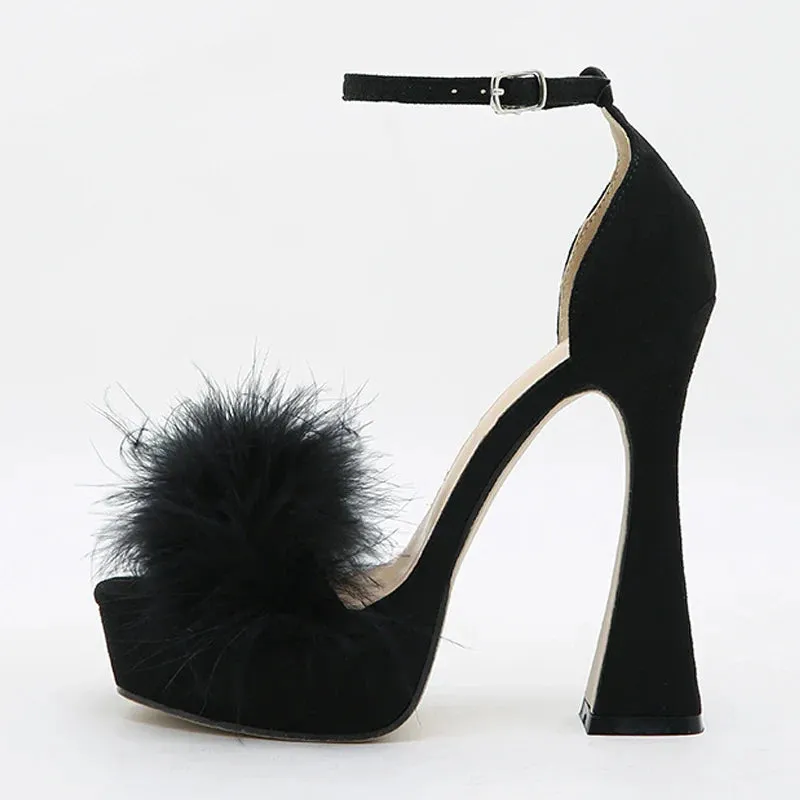 VougeVamp Pink Feather Platform Sandals - Peep Toe High Heel Wedding Shoes for Women