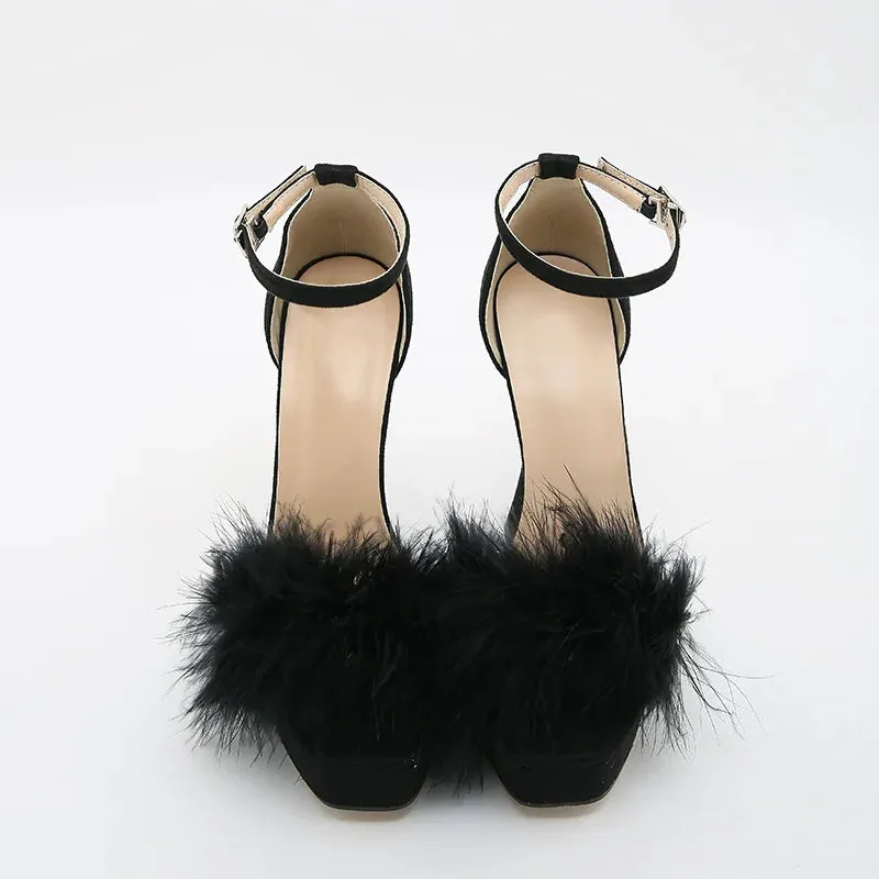 VougeVamp Pink Feather Platform Sandals - Peep Toe High Heel Wedding Shoes for Women