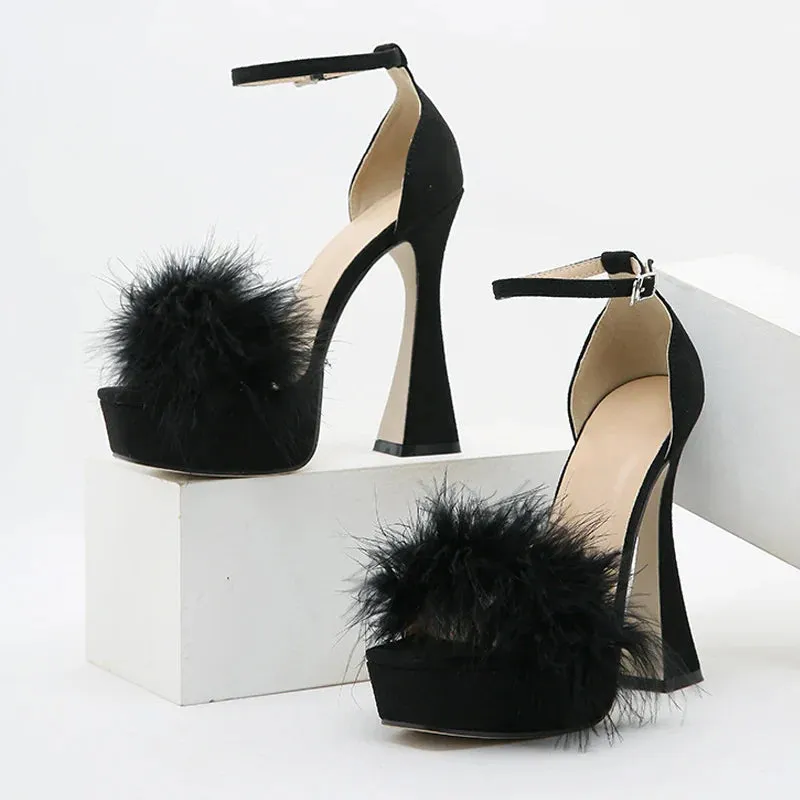 VougeVamp Pink Feather Platform Sandals - Peep Toe High Heel Wedding Shoes for Women