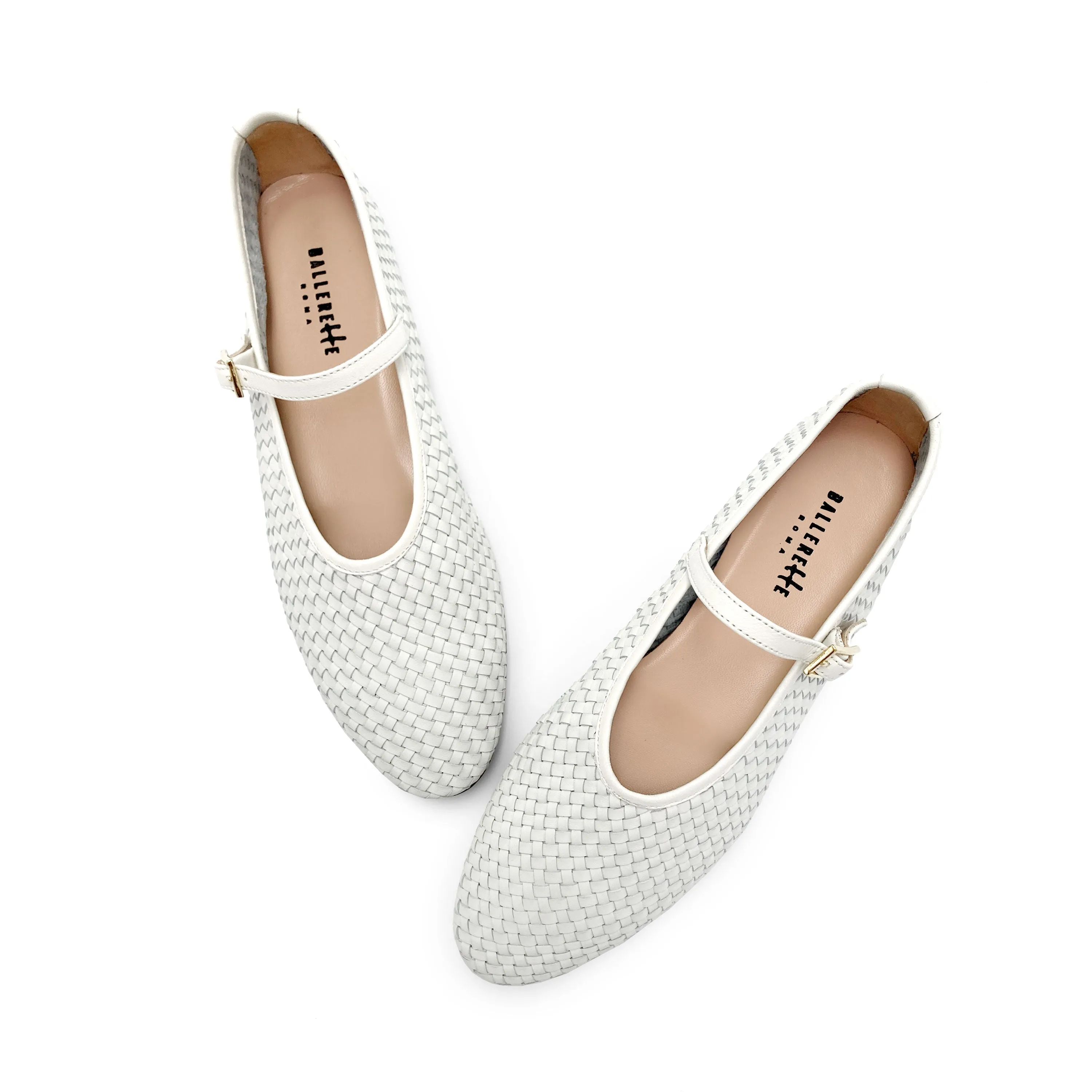White High-Cut Handwoven Leather Ballet Flats with Strap