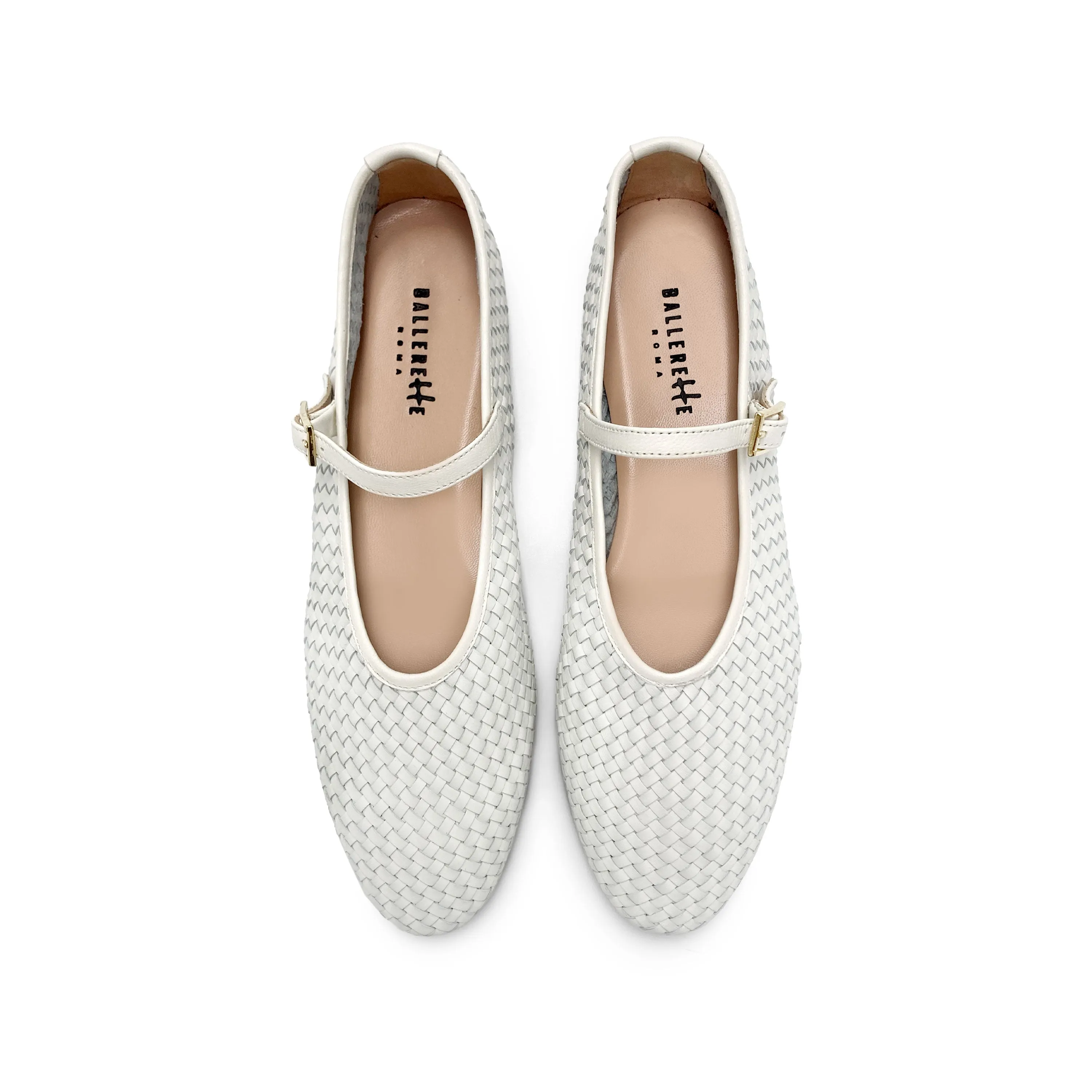 White High-Cut Handwoven Leather Ballet Flats with Strap