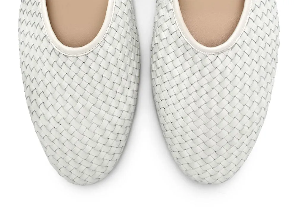White High-Cut Handwoven Leather Ballet Flats with Strap