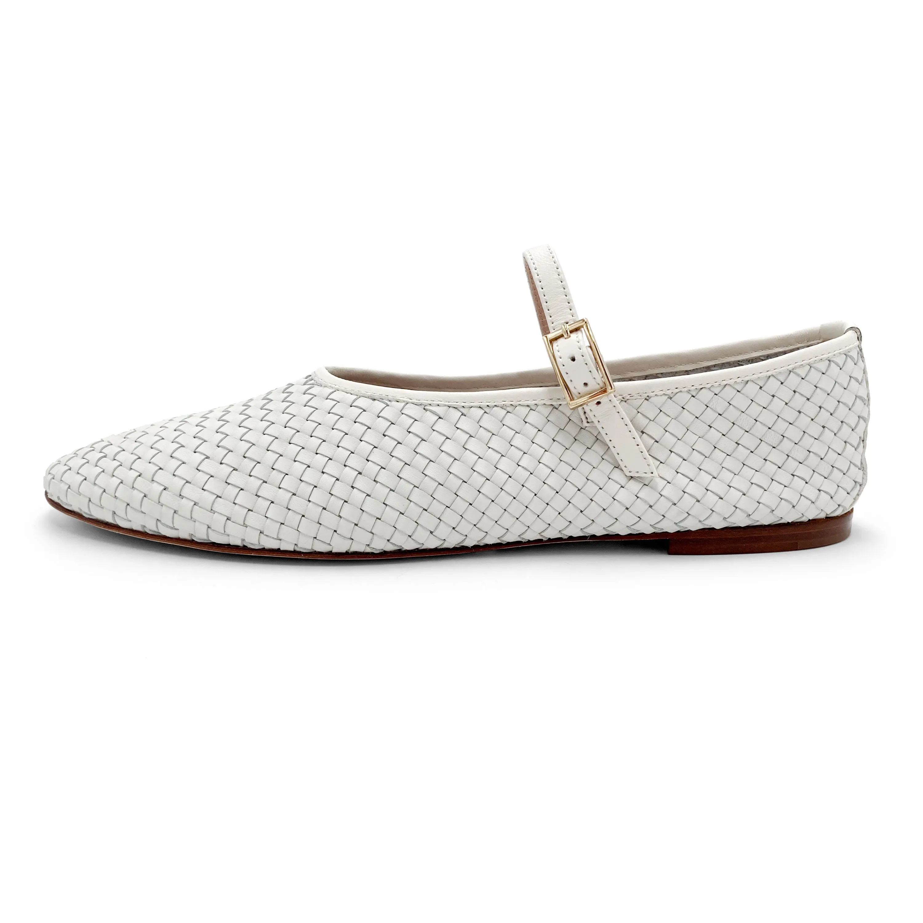White High-Cut Handwoven Leather Ballet Flats with Strap