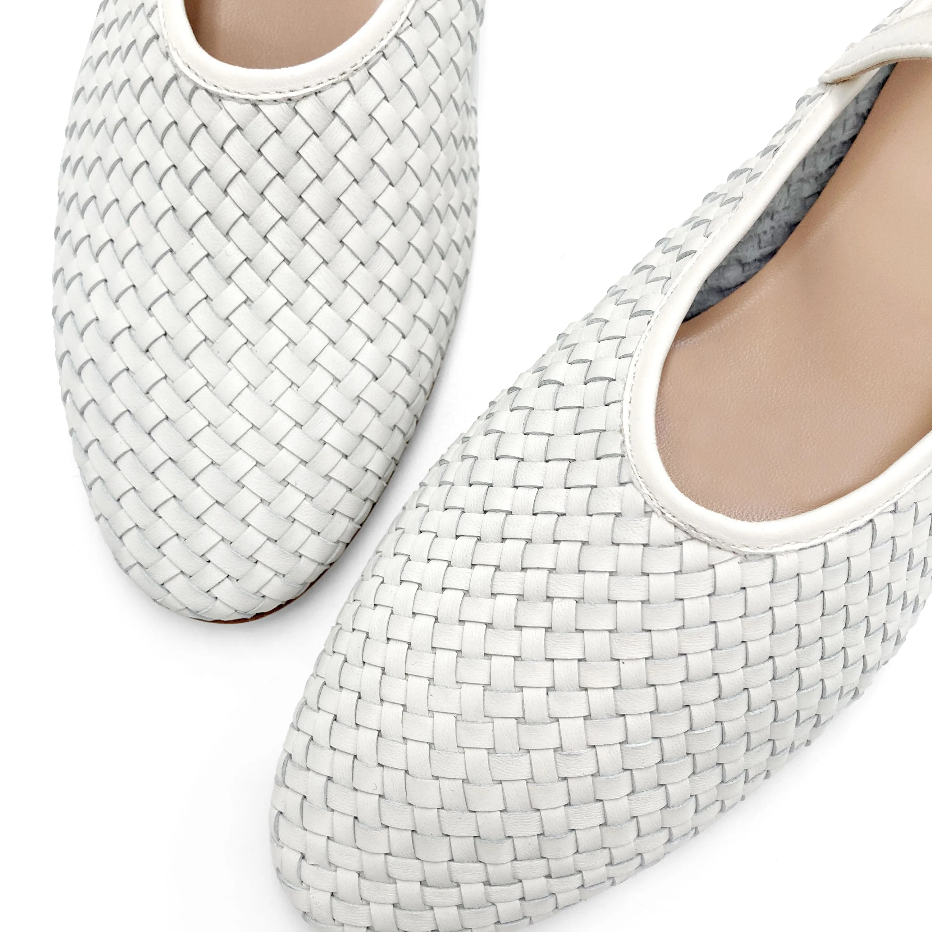 White High-Cut Handwoven Leather Ballet Flats with Strap
