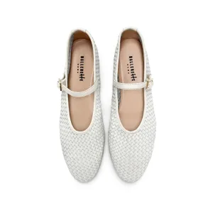 White High-Cut Handwoven Leather Ballet Flats with Strap