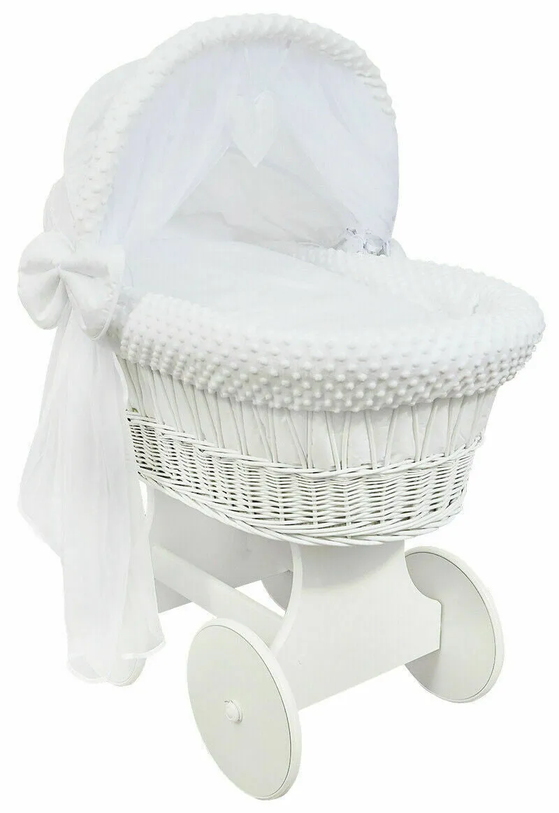 White Wicker Wheels Crib/Baby Moses Basket   Complete Bedding White/Dimple