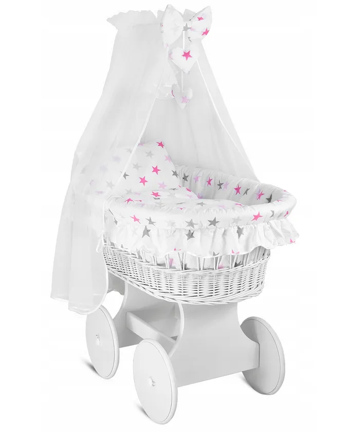 White Wicker Wheels Moses Basket Baby Full Bedding Set Pink Grey Stars