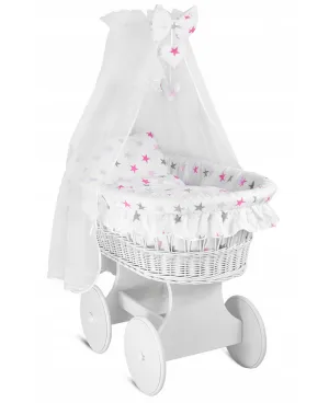 White Wicker Wheels Moses Basket Baby Full Bedding Set Pink Grey Stars