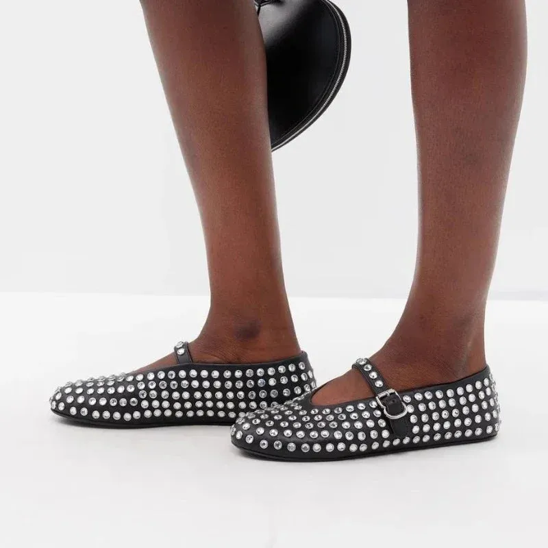 women flats Designer Loafers Shoes Diamond Rivet Mary Jane shoes Woman Stylish Studded Crystal Women Flat Ballet Lolita Shoes