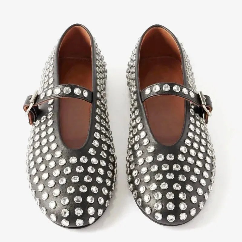 women flats Designer Loafers Shoes Diamond Rivet Mary Jane shoes Woman Stylish Studded Crystal Women Flat Ballet Lolita Shoes