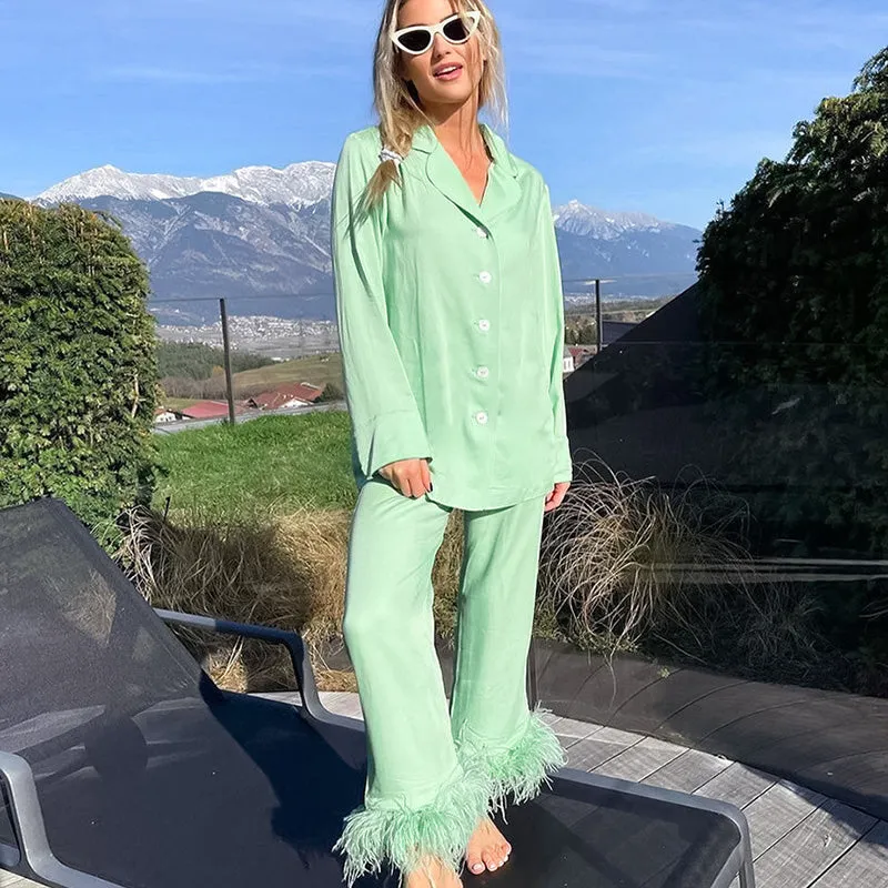 Women Pajamas Set 2 Piece Full Sleeve Trouser Nightwear Cozy Green Pajamas