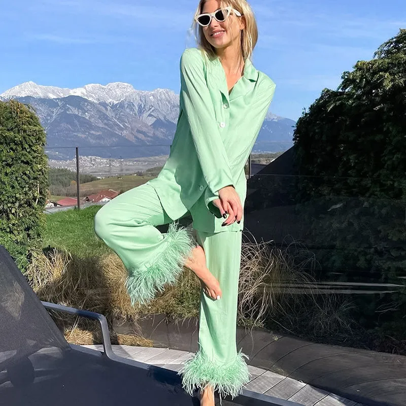 Women Pajamas Set 2 Piece Full Sleeve Trouser Nightwear Cozy Green Pajamas