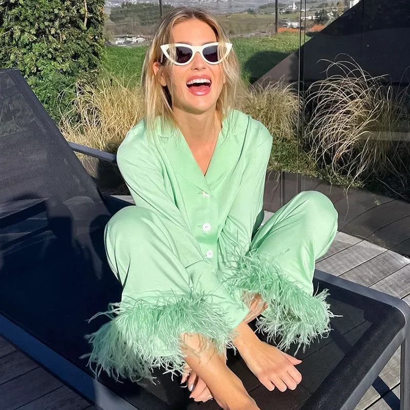 Women Pajamas Set 2 Piece Full Sleeve Trouser Nightwear Cozy Green Pajamas