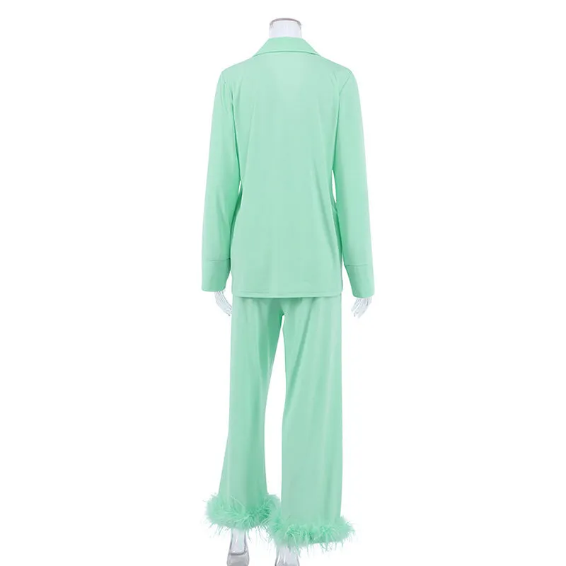 Women Pajamas Set 2 Piece Full Sleeve Trouser Nightwear Cozy Green Pajamas
