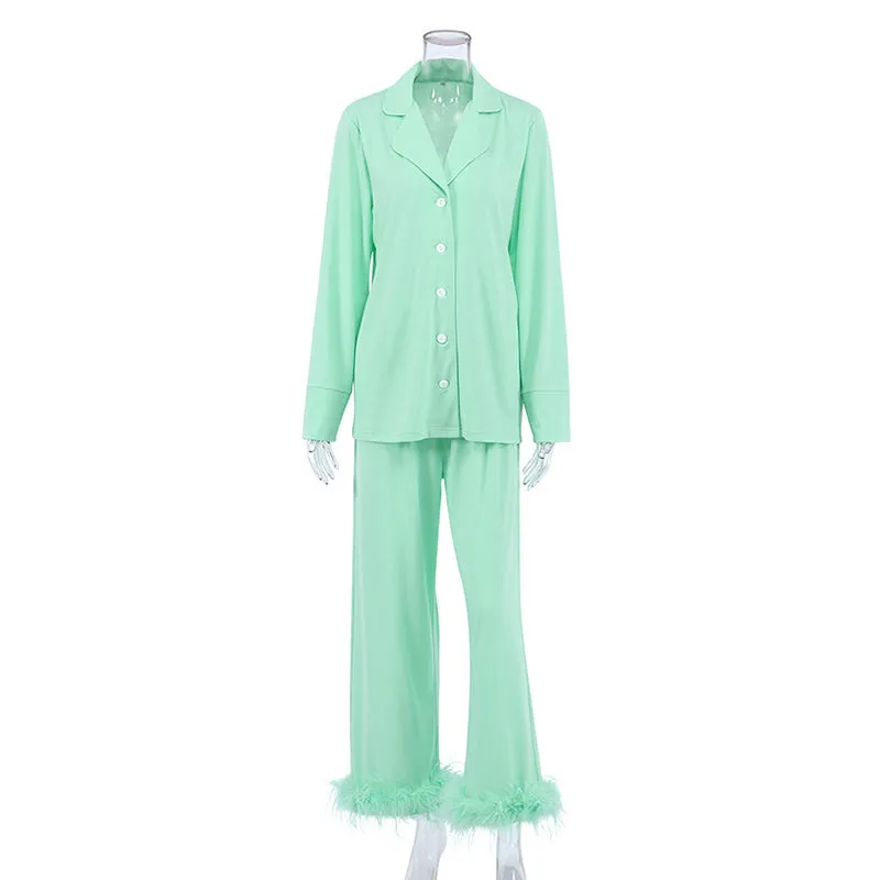 Women Pajamas Set 2 Piece Full Sleeve Trouser Nightwear Cozy Green Pajamas