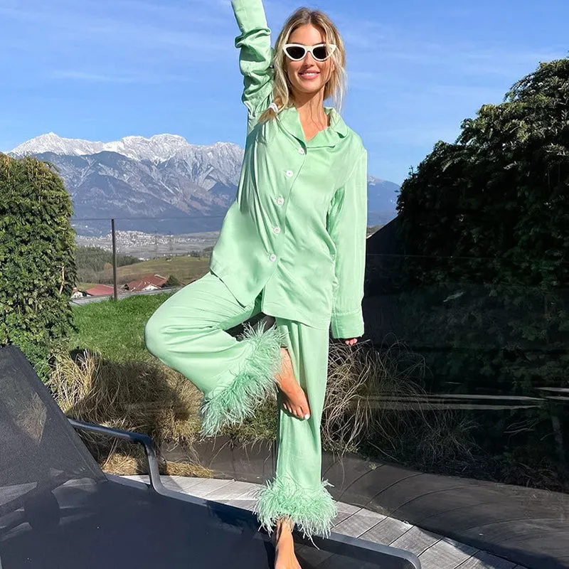 Women Pajamas Set 2 Piece Full Sleeve Trouser Nightwear Cozy Green Pajamas
