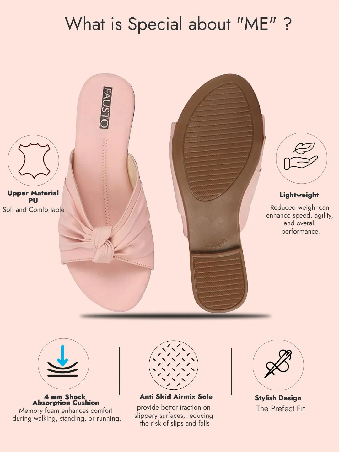 Women Pink Bow Design Open Toe Slip On Flats Slippers