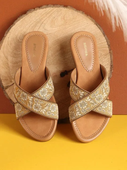 Women Woven Design Embroidered Open Toe Flats