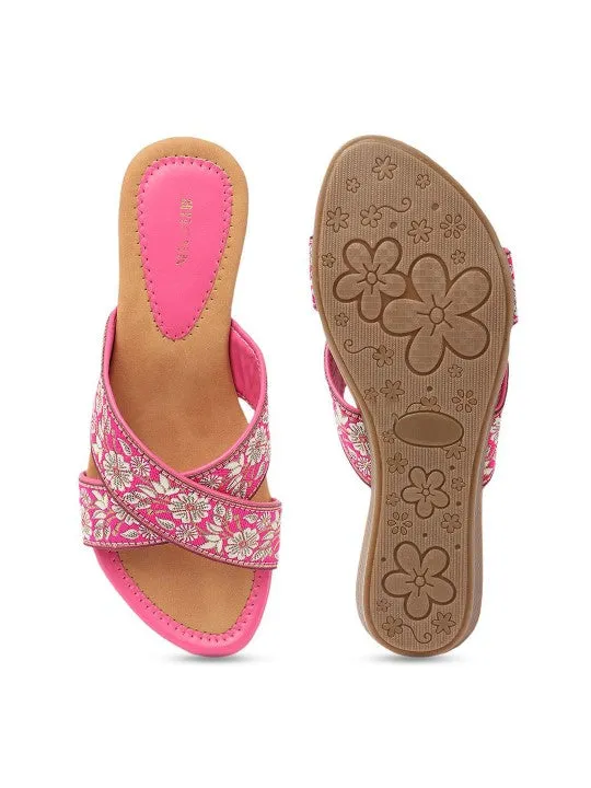 Women Woven Design Embroidered Open Toe Flats