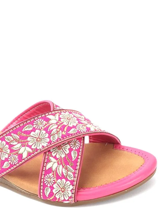 Women Woven Design Embroidered Open Toe Flats