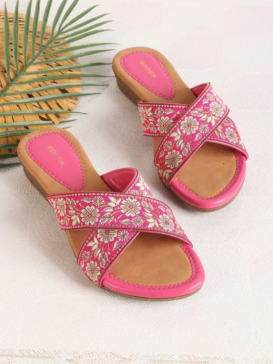 Women Woven Design Embroidered Open Toe Flats