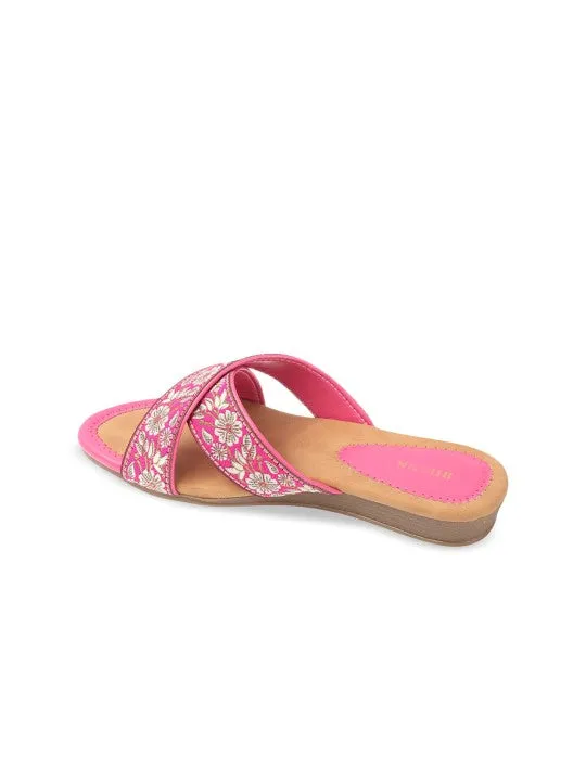 Women Woven Design Embroidered Open Toe Flats