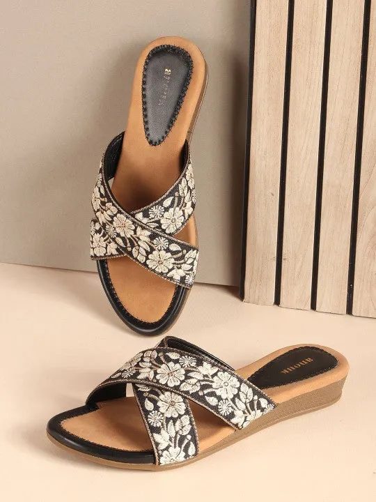 Women Woven Design Embroidered Open Toe Flats