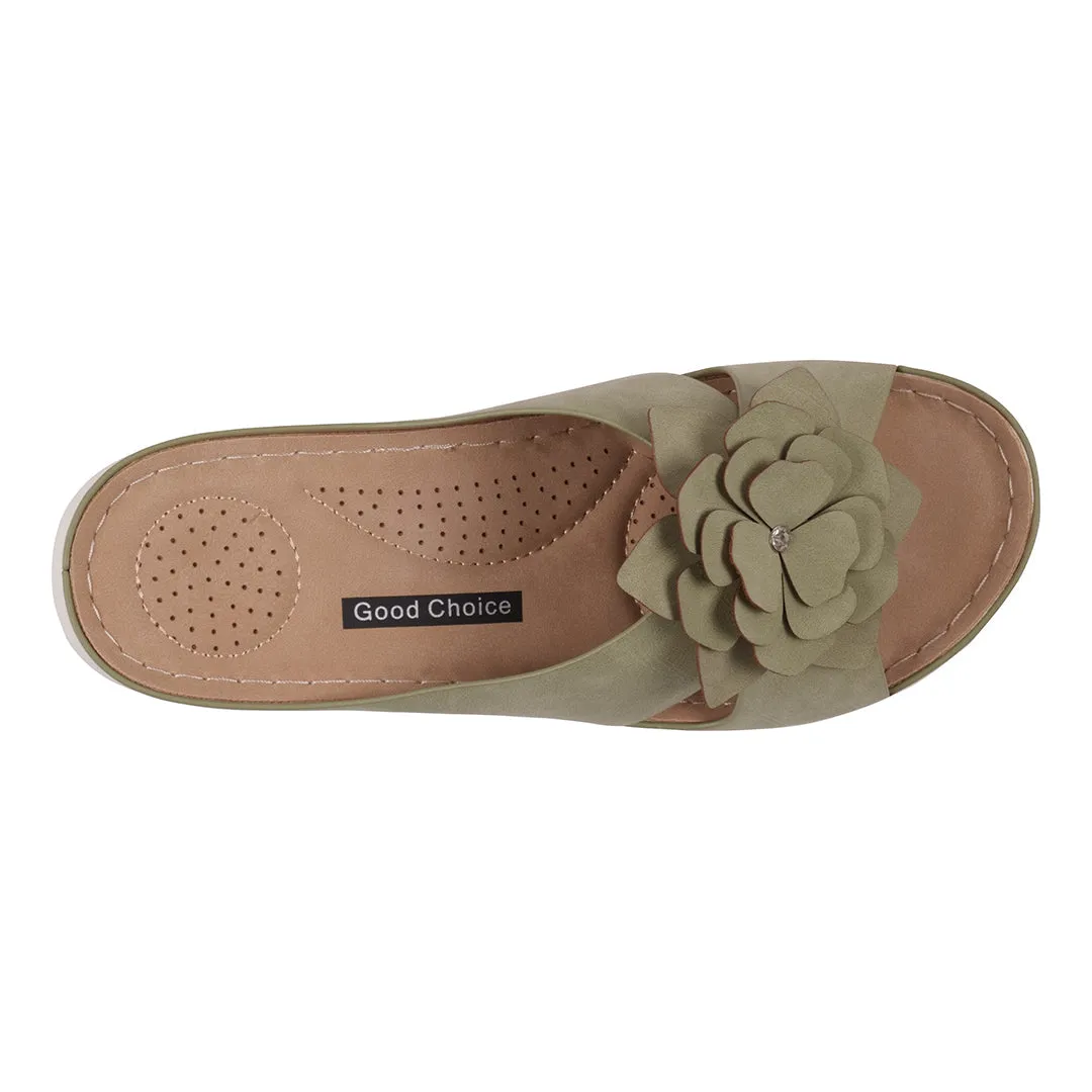 Women's Claire Green Flower Rosette Comfort Sandals
